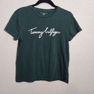 Tommy Hilfiger Womens Green Logo T-Shirt S Cotton Casual Short Sleeve